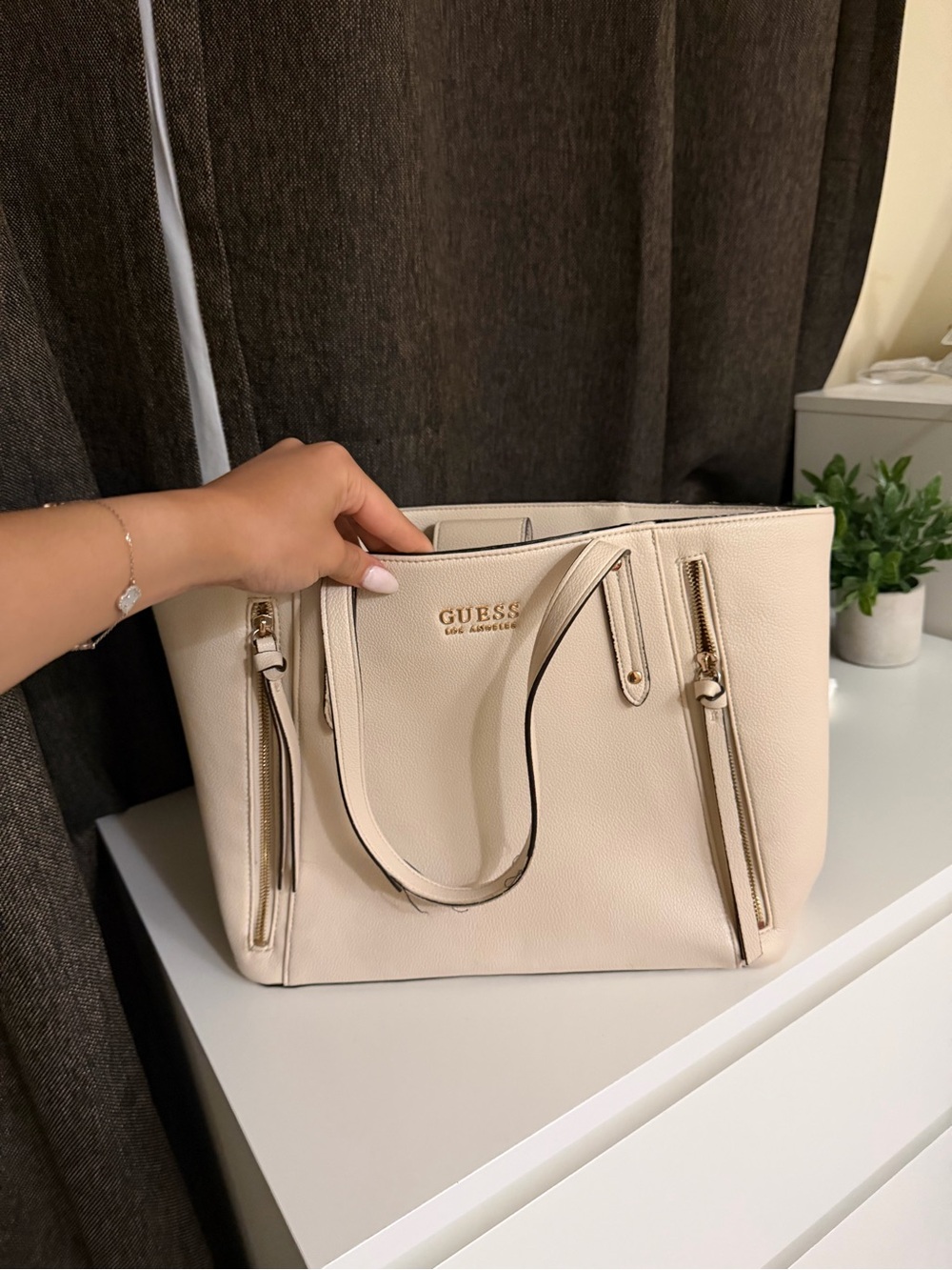 GUESS Cream Tote with Gold Hardware and Dual Top Handles